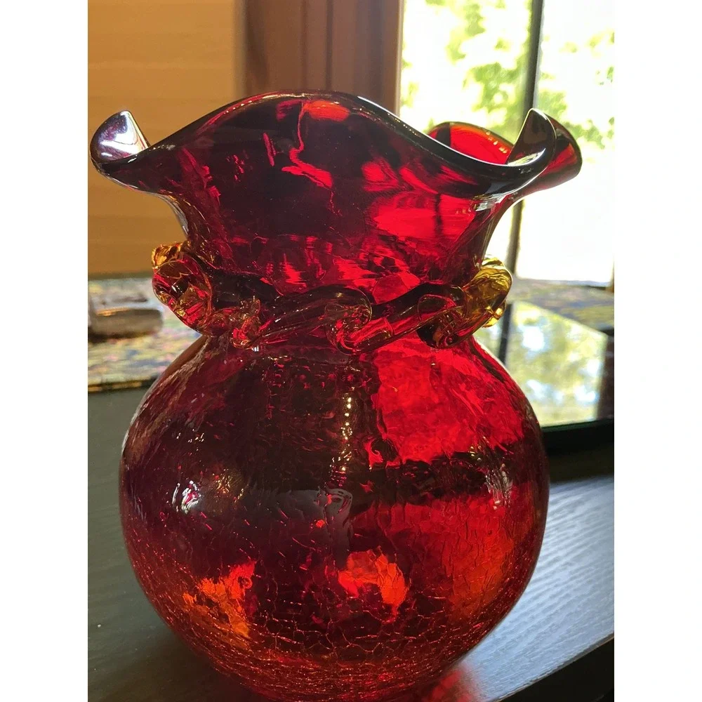 Vintage MCM Amberina Red Crackle Glass 6